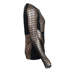 Women's long sleeve base layer top by Seirus, with brown and silver striped patterns, black side panels, and integrated finger cuffs, side view.