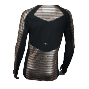 Women's black long sleeve base layer top by Seirus, featuring copper-toned patterned panels on sleeves and torso, and chevron-patterned shoulders, back view.