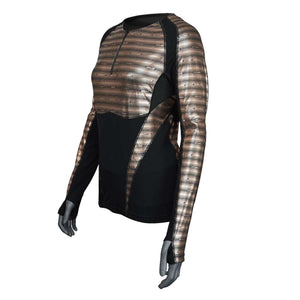 Women's black and metallic brown base layer long sleeve 1/4 zip top by Seirus, with patterned panels and thumbholes, side view.