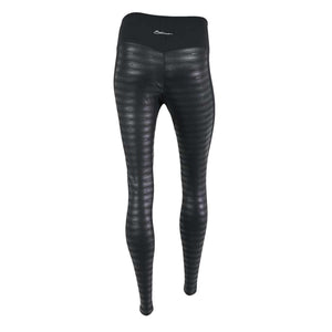 Black women's full-length leggings by Seirus, back view, with horizontal textured stripes and a logo on the waistband.