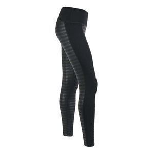 Black full-length leggings by Seirus with textured horizontal stripe panels on the outer sides, shown from a side view.
