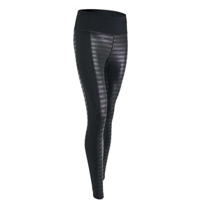 Black full-length leggings by Seirus with horizontal textured panels and solid side stripes.