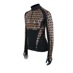 Black long sleeve 1/4 zip mock top by Seirus, featuring metallic copper geometric patterns and thumbholes.