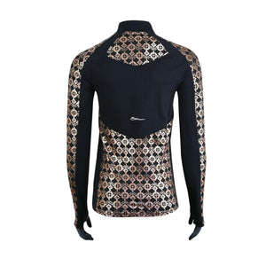Black long sleeve 1/4 zip mock top by Seirus with copper metallic geometric patterns on shoulders, sleeves, and lower back, and white logo, back view.