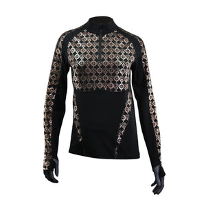 Women's black long sleeve 1/4 zip mock top by Seirus with a rose gold geometric pattern on the chest, sleeves, and sides, featuring thumbholes.