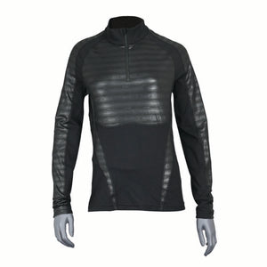 Black long sleeve 1/4 zip mock top by Seirus, with horizontal textured chest panels and textured sleeves and sides, on a mannequin.