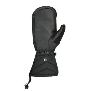 Black Gore-Tex Puff Pal mitts by Seirus, with 'Seirus Innovations' text, a quilted cuff with H+ logo, wrist strap, and drawcord.