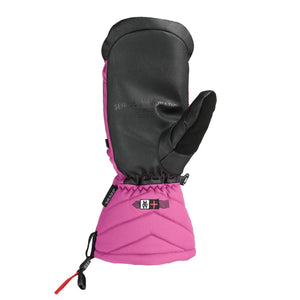 Pink and black puff mitt by Seirus with a black palm featuring embossed text, quilted pink cuff, and drawstring.