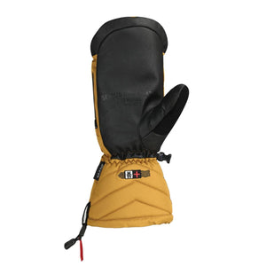 Women's golden yellow quilted mitten by Seirus, featuring a black palm, an elasticized wrist, drawstring cuff, and brand logos.