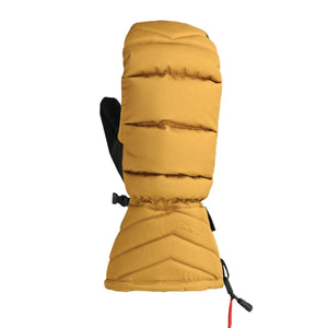 Yellow puffer mittens by Seirus with black thumb, quilted texture, elastic cuff, and drawstring closure.
