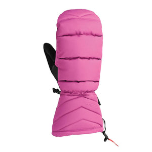 Pink puffed mitt by Seirus with a black thumb, horizontal sections, and diagonal quilting on the cuff.