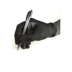Black Women's Hyperlite All Weather Gloves by Seirus, shown on a hand holding a clear pen with a textured palm grip.