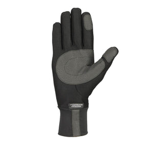 Black glove by Seirus with grey textured grip pads and "WINDPROOF WEATHERPROOF" text on the cuff.