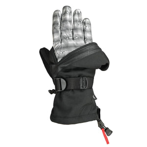 Black Magne Mitts glove by Seirus, open at the cuff revealing patterned white finger lining, with an adjustable wrist strap and a red pull tab.