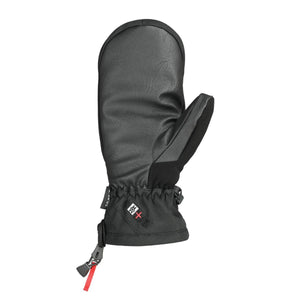 Black synthetic mitten by Seirus, featuring an elasticated cuff, logo patch, and wrist strap with red pull tab.