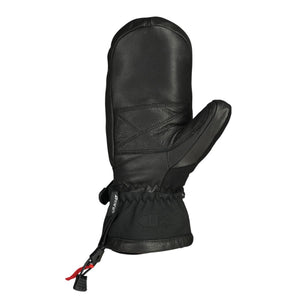 Black leather women's mitten by Seirus, side view, with decorative stitching, elastic wrist, and red cinch.