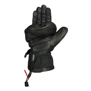 Black women's mitts by Seirus, featuring leather and textured grip, shown open with internal finger slots and a cuff drawstring.