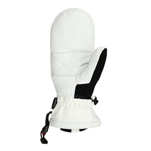 White and black ski mitts by Seirus, with quilted stitching, elasticized wrist, and an adjustable strap.