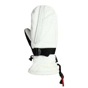 White mittens by Seirus with a black palm, zippered pocket, and adjustable wrist strap.