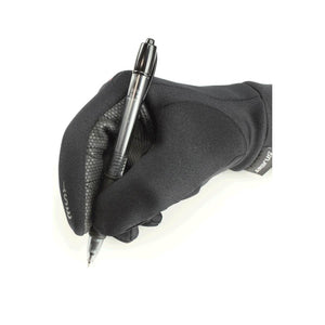 Black gloves by Seirus with textured grip on the palm, worn by a hand holding a silver pen.
