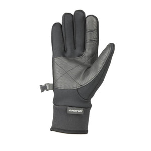 Black all-weather gloves by Seirus, with textured grip palms, an adjustable wrist strap, and brand logo on the cuff.