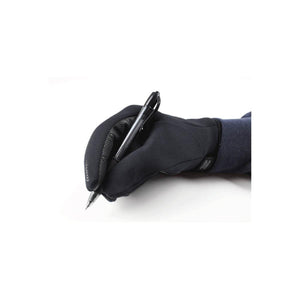 Dark blue all-weather gloves by Seirus, worn while holding a pen, with textured palms and touch-enabled index finger.