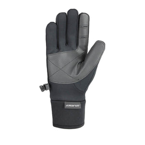 Black all-weather gloves by Seirus with textured gray palm, stitched details, and a logo on the wrist.