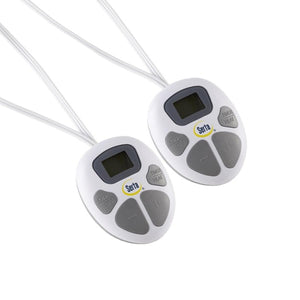 Two white and gray heated blanket controllers by Serta, each with a digital display and several control buttons.