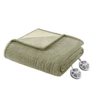 Sage green Dream Soft heated blanket by Serta, folded, showing two white controllers.
