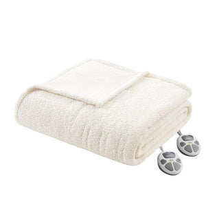 Cream plush heated blanket by Serta, folded, with two heating controllers on the side.