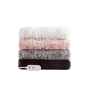 Four shaggy faux fur heated throws by Serta, stacked in white, pink, gray, and black, with a control panel.