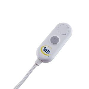 White heated throw controller by Serta, showing a grey power button, a numbered heat dial, and the yellow and blue Serta logo.