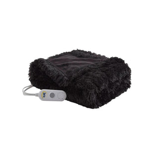 A shaggy black faux fur heated throw by Serta, folded with a white control unit.