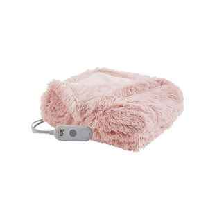 Pink shaggy faux fur heated throw blanket by Serta, folded with a gray temperature controller attached.