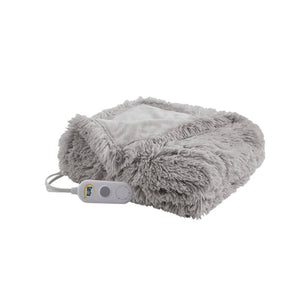 Grey shaggy faux fur heated throw by Serta, folded with a connected control unit.