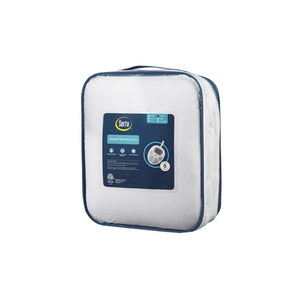 White packaged heated mattress pad by Serta with blue trim and a label featuring the brand logo and a controller graphic with '5'.