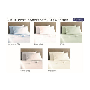 Twin 250TC Cotton Percale sheet sets by Shavel, shown in light blue, white, light green, light gray, and cream.