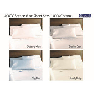 400TC cotton sateen 6-piece sheet sets by Shavel, displayed in Dazzling White, Shadow Gray, Sky Blue, and Sandy Beige.
