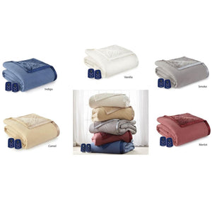 Assorted Micro Flannel Electric Heated Ultra Velvet blankets by Shavel, neatly folded with controllers.