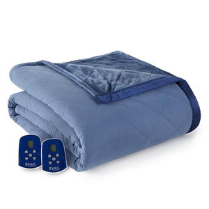 Blue full-size electric heated blanket by Shavel, featuring a plush velvet top, quilted flannel underside, and two remote controls.