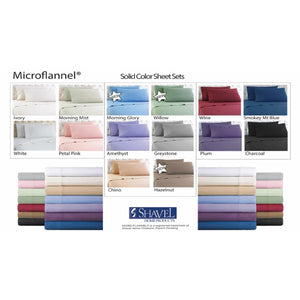 Micro Flannel Solid Color Sheet Set by Shavel in various colors, displayed on beds and as folded stacks.