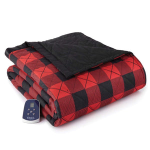 Twin buffalo check red electric blanket by Shavel, folded with a black quilted underside and a remote control.