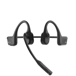 Black bone conduction headset with a boom microphone by Shokz, featuring an open-ear design and visible control buttons.