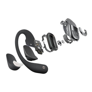 Black open-ear earbuds by Shokz in an exploded view, revealing internal components and ear hook design.