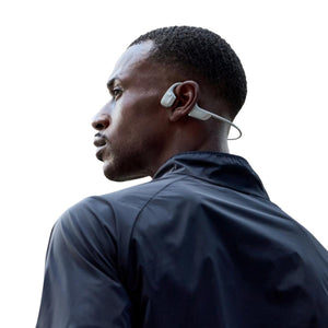 Light gray bone conduction headphone by Shokz, worn on a man's head, side-back view, with a dark jacket.