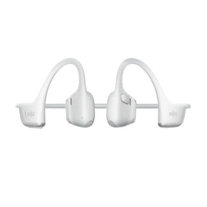 White bone conduction headphones by Shokz, shown side-by-side.