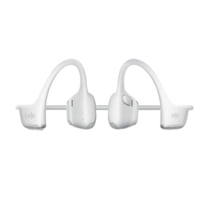 White bone conduction headphone by Shokz, shown from a side view with visible branding on the ends.