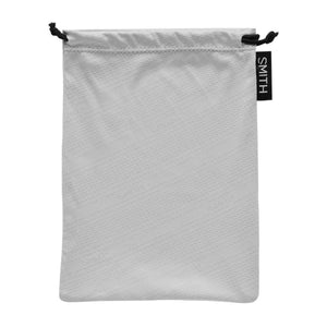 Gray protective pouch for goggles by Smith Optics, featuring a subtle textured diagonal logo pattern, drawstring, and a black brand tag.