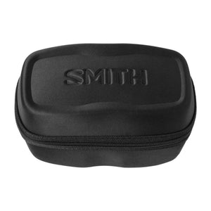 Black hardshell case for goggles by Smith Optics, featuring an embossed logo and a zipper.