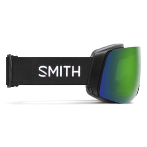 Black frame goggles with a sun green mirror lens by Smith Optics, side view, featuring a black strap with 'SMITH' in white text.